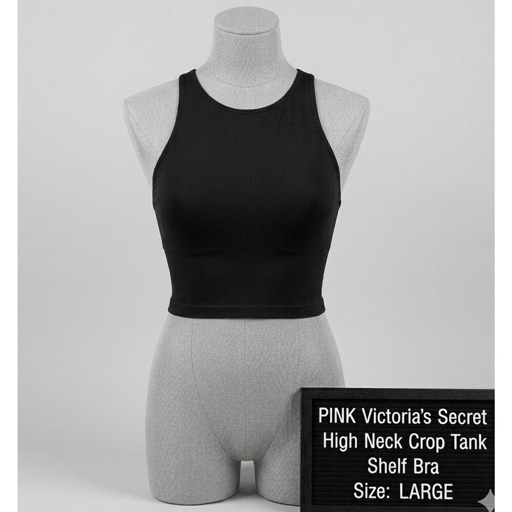 PINK Victoria's Secret Large Black Logo Crop Tank Top High Neck Shelf Bra VS